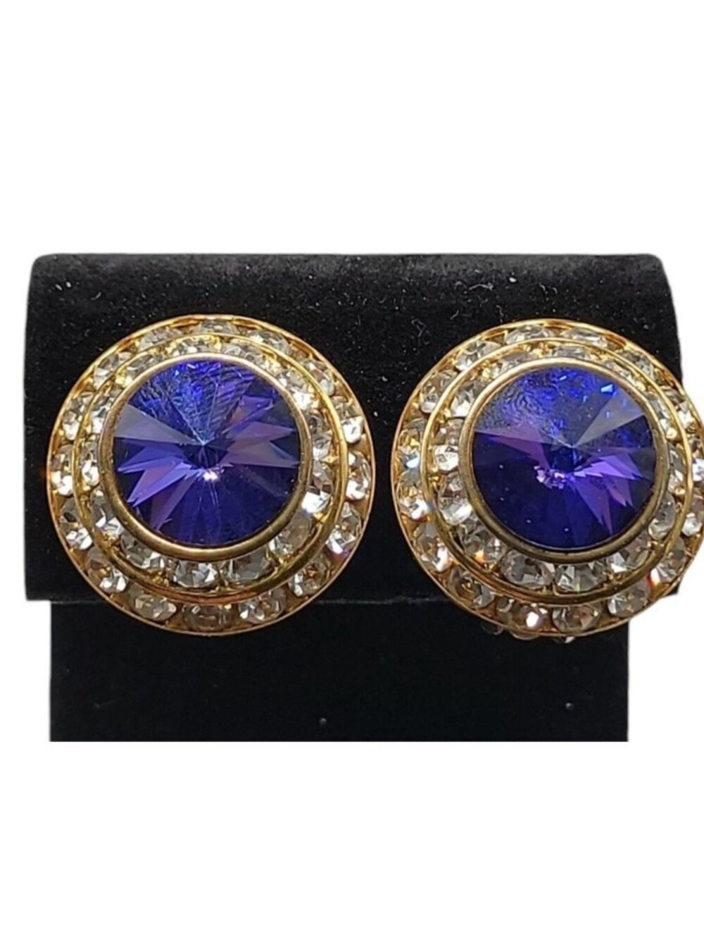 Vintage Lilac Rivoli Clip On Earrings Double Crystal Halo Domed Gold Tone